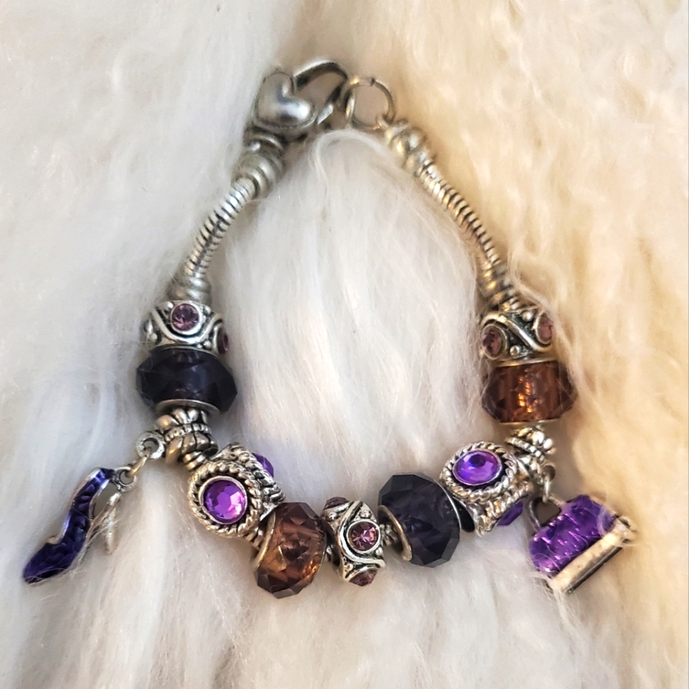 Cute Purple and Silver Charm Bracelet, with a High Heeled Shoe & Purse Charm
